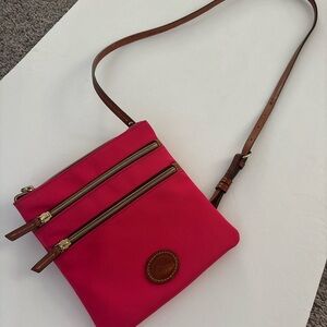 Pink and Brown Crossbody Bag with Adjustable Strap and Durable Material